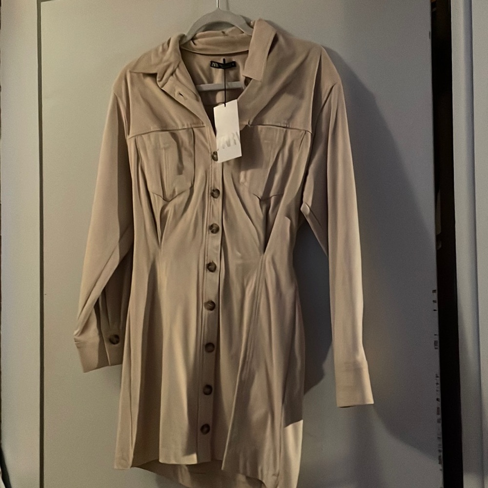 Tan long sleeve button up Zara dress